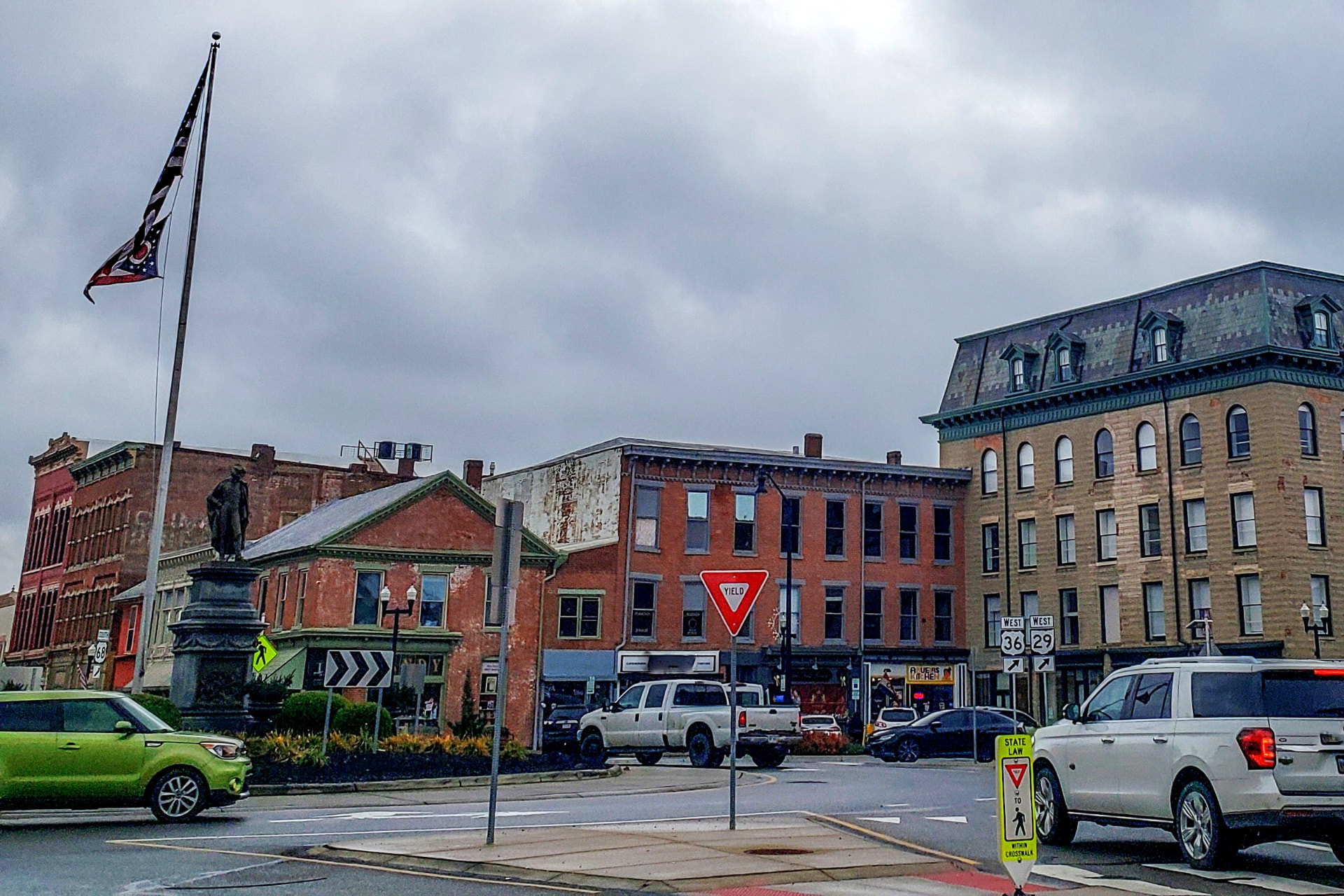 Monument Square in downtown Urbana, Ohio, with the Soldiers' Monument and the historic commercial block.